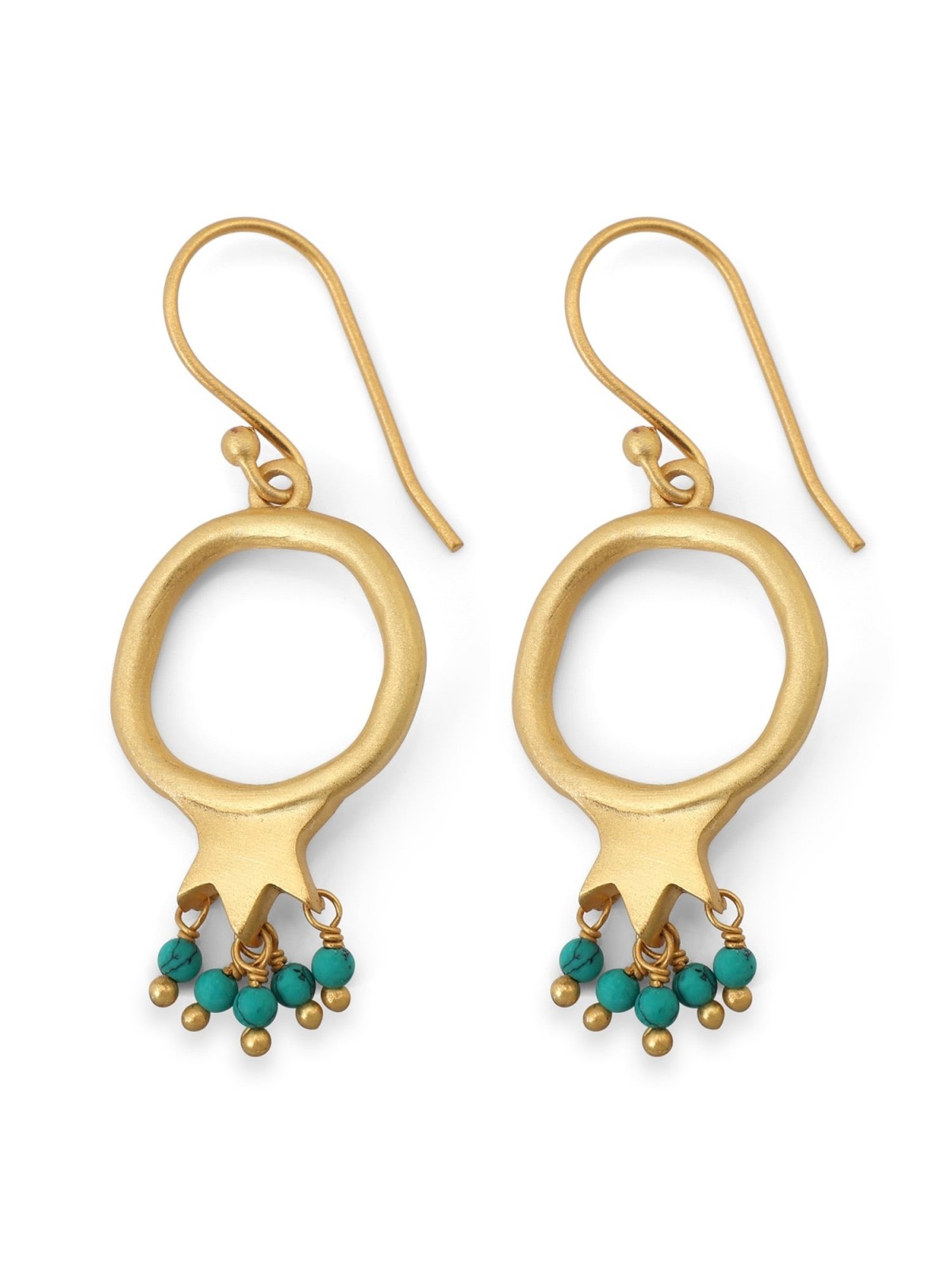 Dangling Gold-Plated Pomegranate Outline Earrings with Turquoise Beads