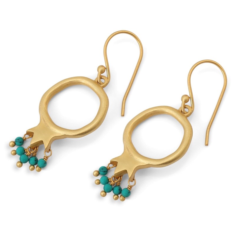 Dangling Gold-Plated Pomegranate Outline Earrings with Turquoise Beads