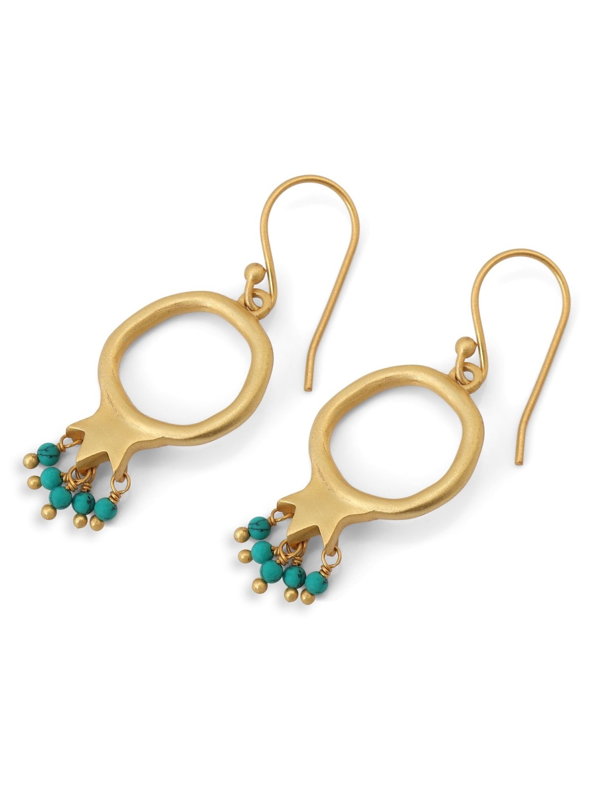 Dangling Gold-Plated Pomegranate Outline Earrings with Turquoise Beads