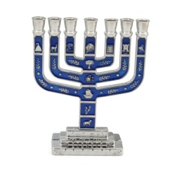 Twelve Tribes of Israel Seven-Branch Menorah with Blue Enamel