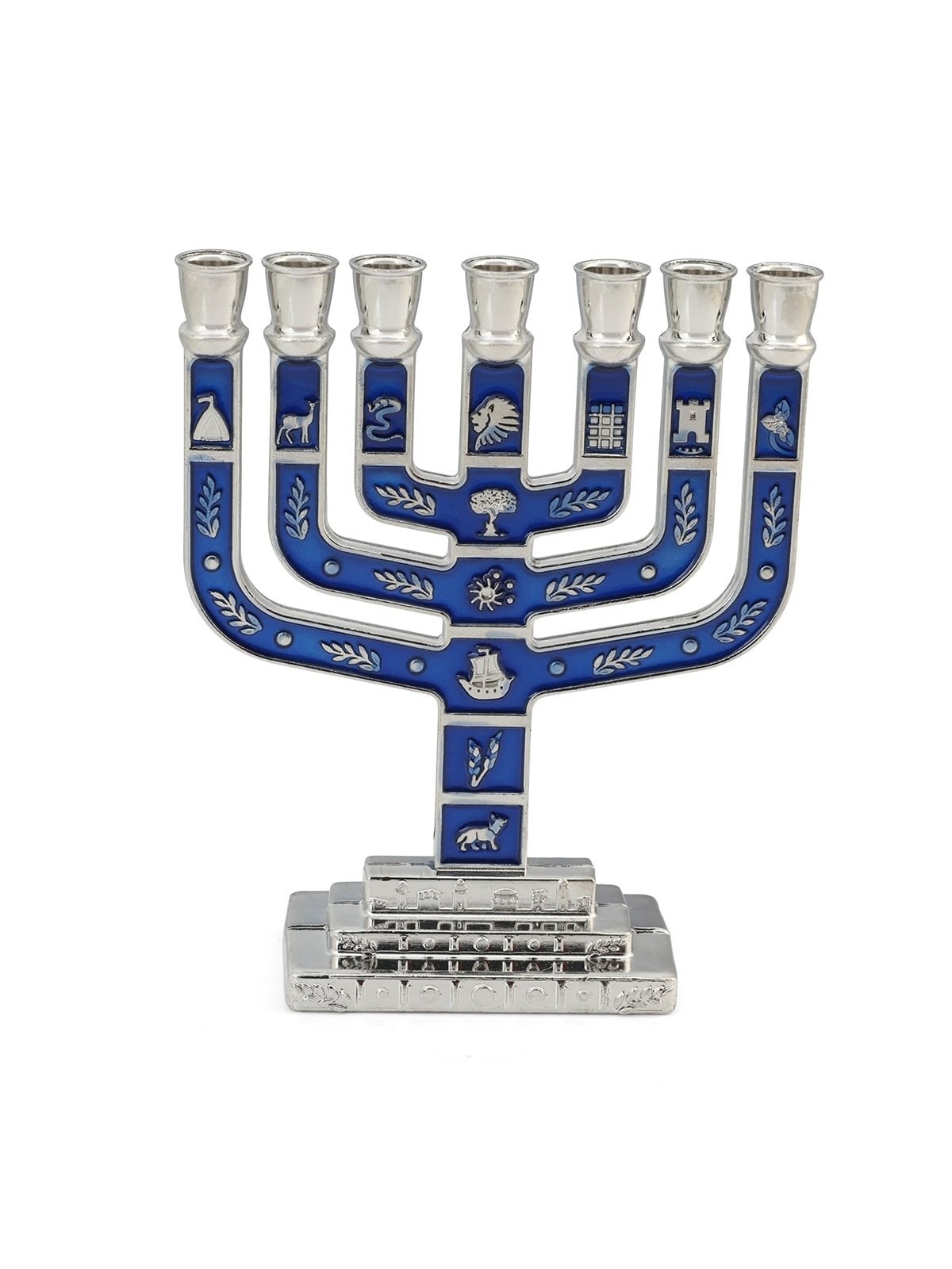 Twelve Tribes of Israel Seven-Branch Menorah with Blue Enamel