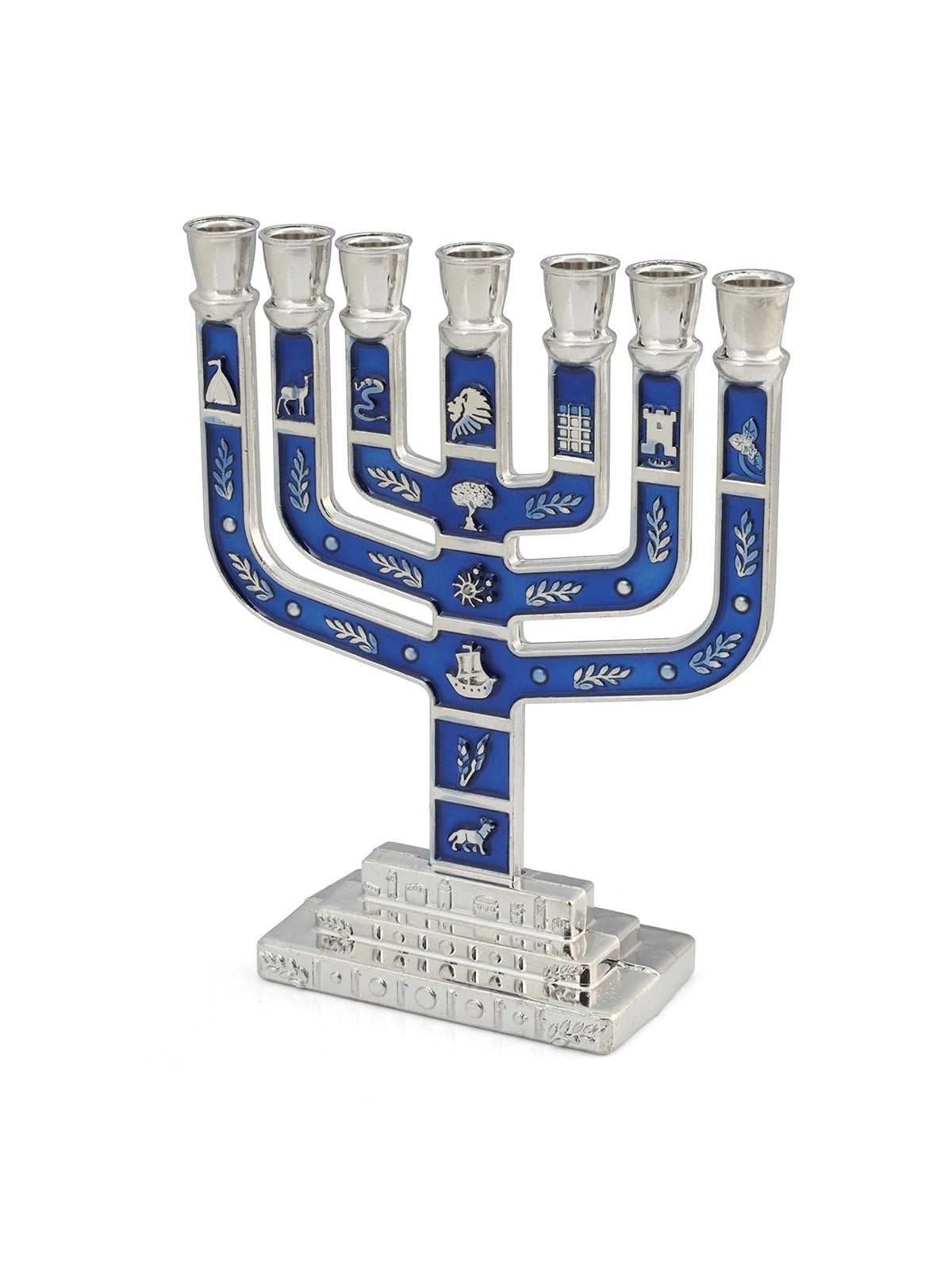 Twelve Tribes of Israel Seven-Branch Menorah with Blue Enamel
