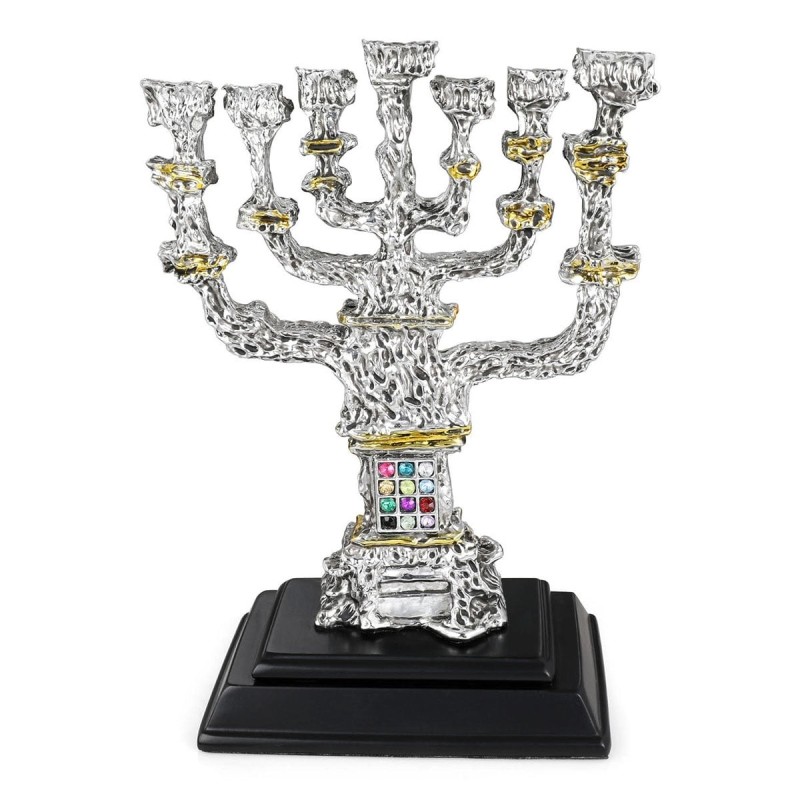 Silver-Plated and Gold-Accented Seven-Branched Menorah With Hoshen Des