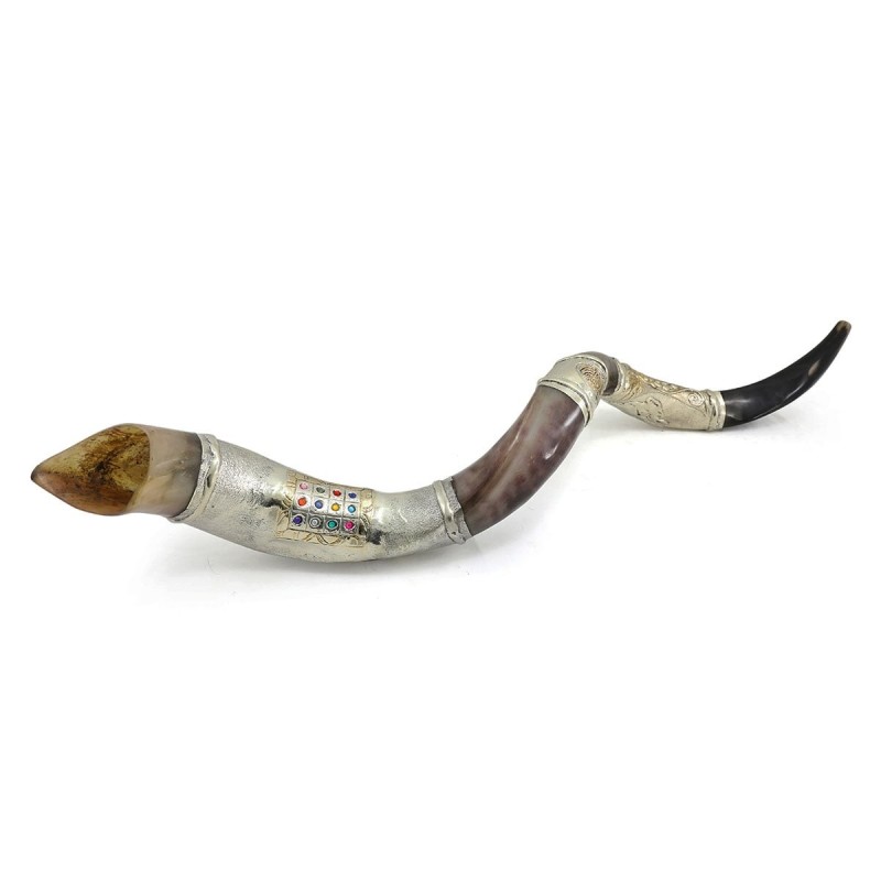 Sterling Silver Plated Yemenite Kudu Shofar - Hoshen and Menorah (Choi