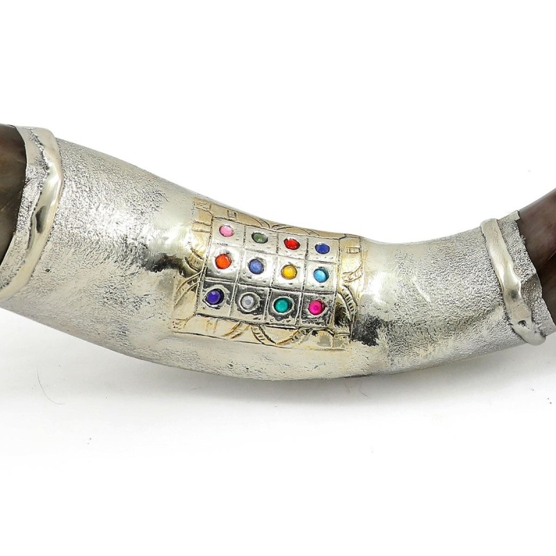 Sterling Silver Plated Yemenite Kudu Shofar - Hoshen and Menorah (Choi