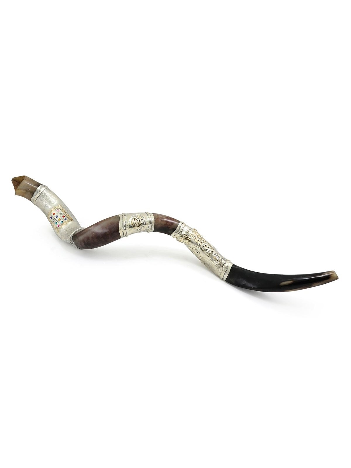Sterling Silver Plated Yemenite Kudu Shofar - Hoshen and Menorah (Choi