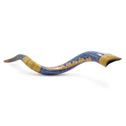 Jerusalem and Pomegranates Hand Painted Kudu Shofar - Gold and Blue
