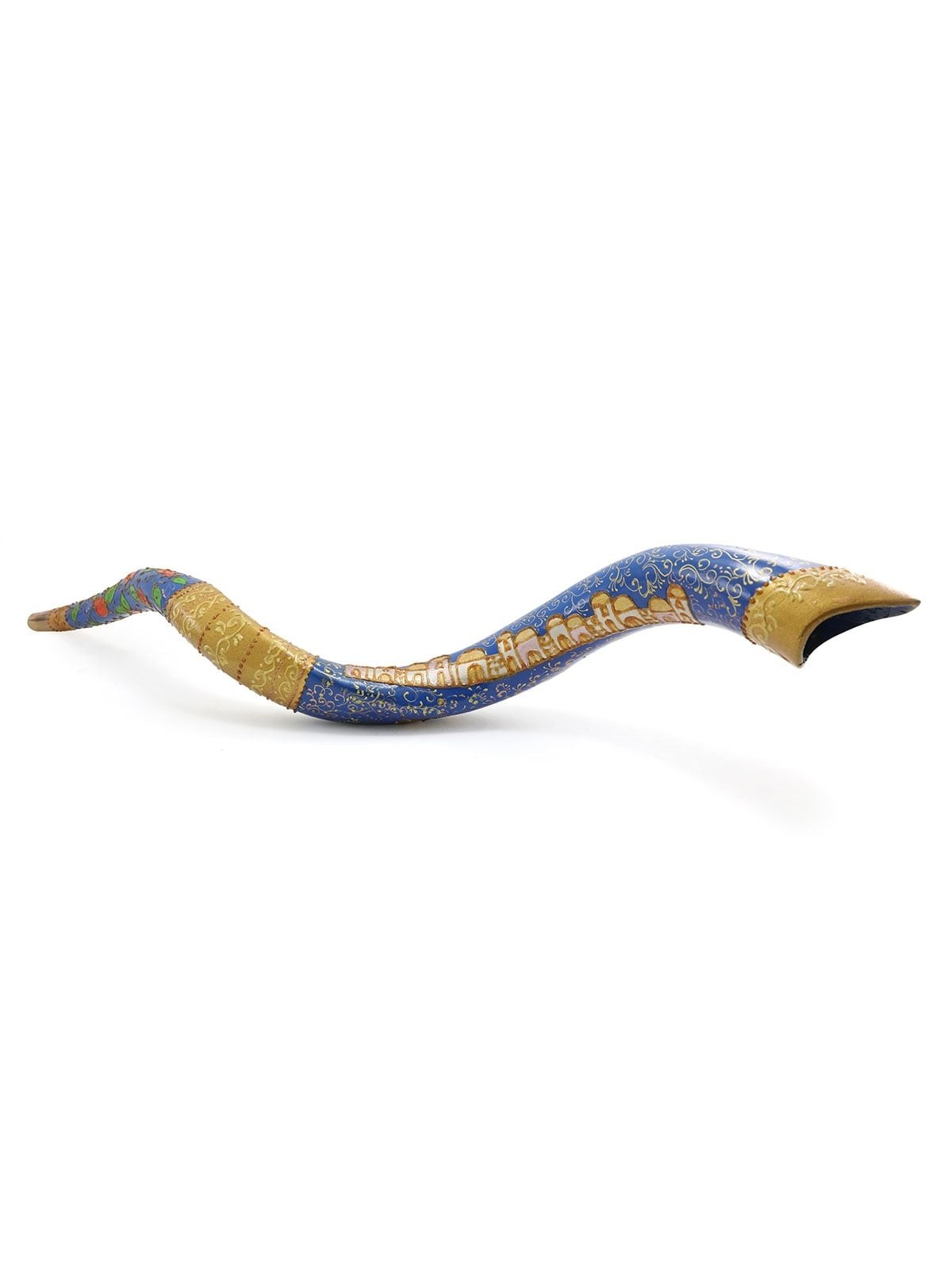 Jerusalem and Pomegranates Hand Painted Kudu Shofar - Gold and Blue