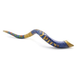 Jerusalem and Pomegranates Hand Painted Kudu Shofar - Gold and Blue