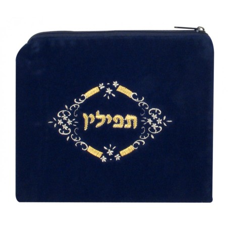 Dark Blue Velvet Tefillin Bag Embroidere... | Tefillin Bags & Carriers