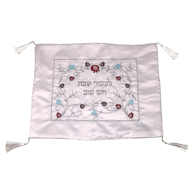 White Challah Cover With Pomegranate Designs (Choice of Designs)