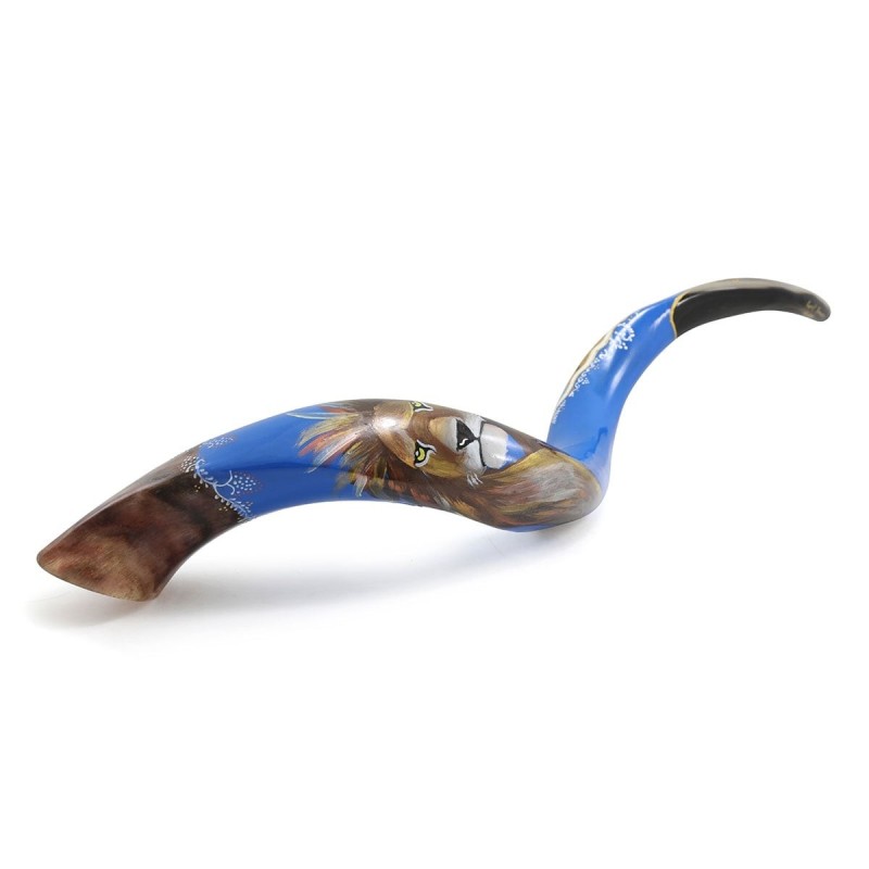 Lion of Judah and Jerusalem Hand Painted Kudu Shofar - Blue