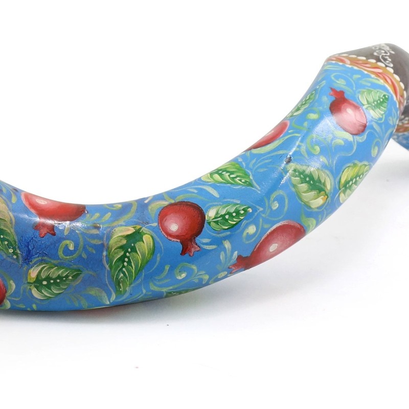 Pomegranates Jerusalem Hand Painted Kudu Shofar - Blue