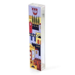 Dorit Judaica Acrylic Mezuzah Case with Aluminum Front - Jerusalem