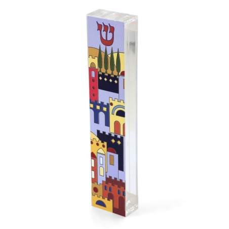 Dorit Judaica Acrylic Mezuzah Case with Aluminum Front - Jerusalem