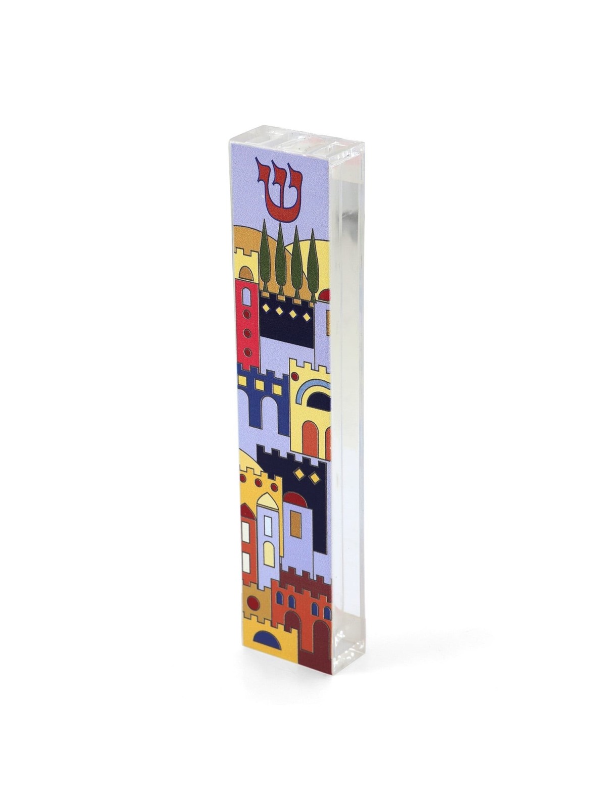 Dorit Judaica Acrylic Mezuzah Case with Aluminum Front - Jerusalem