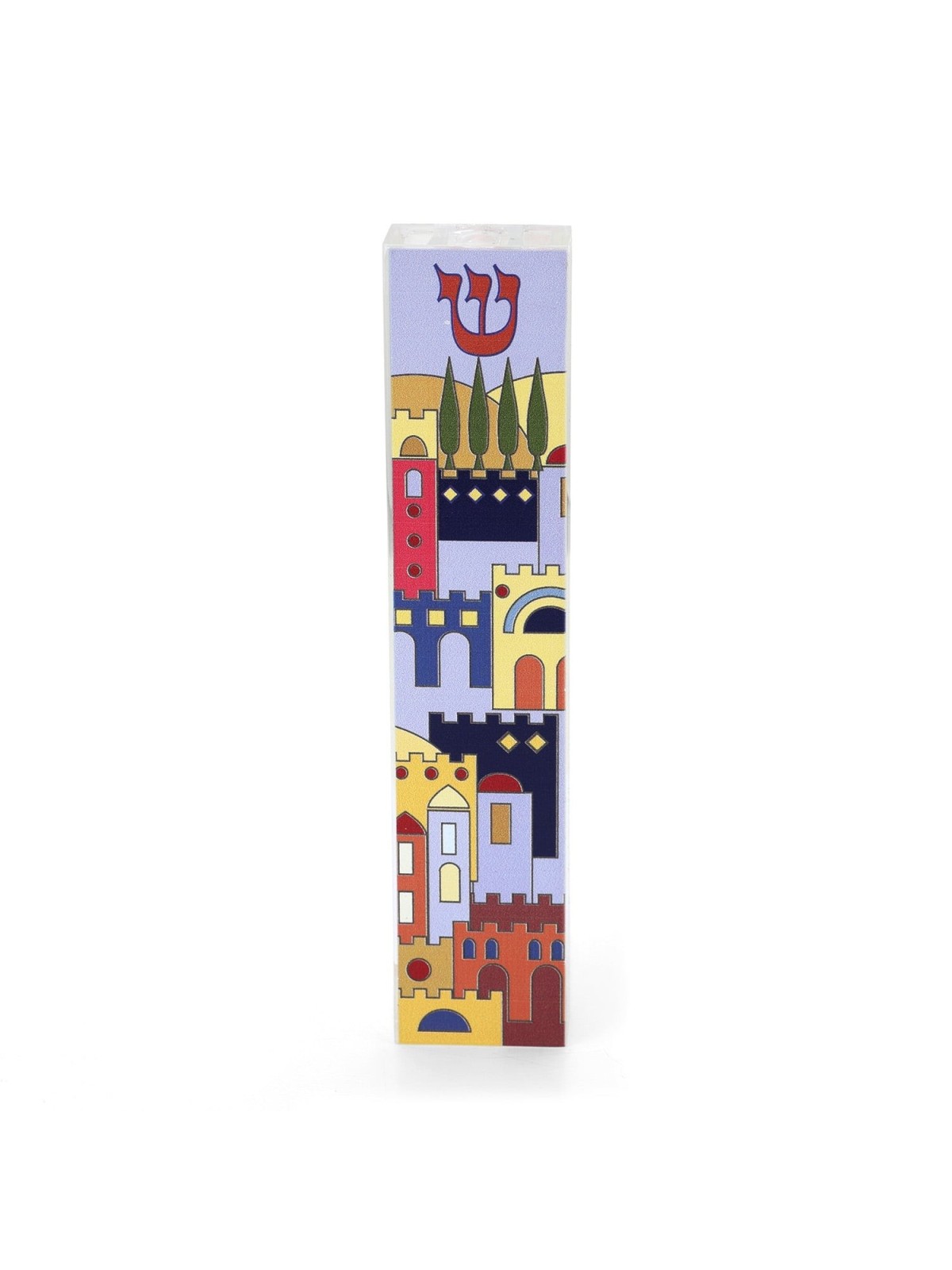 Dorit Judaica Acrylic Mezuzah Case with Aluminum Front - Jerusalem