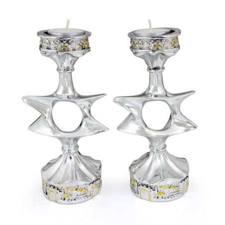 Silver and Gold Plated Candlesticks - Jerusalem and Star of David