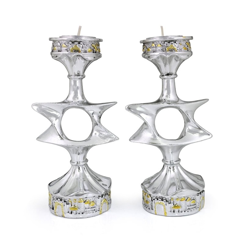 Silver and Gold Plated Candlesticks - Jerusalem and Star of David