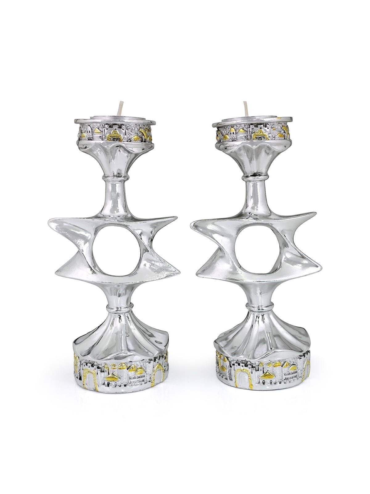Silver and Gold Plated Candlesticks - Jerusalem and Star of David