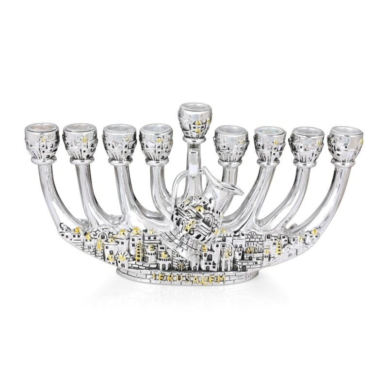 Jerusalem Silver-Plated Hanukkah Menorah with Pouring Jug