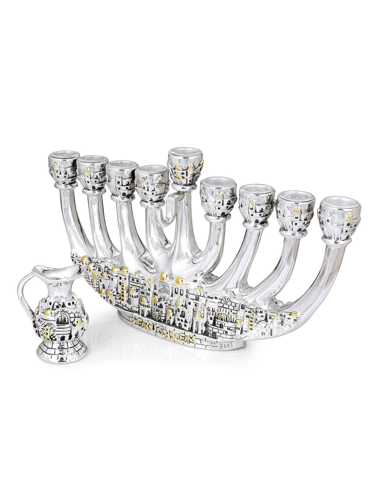 Jerusalem Silver-Plated Hanukkah Menorah with Pouring Jug