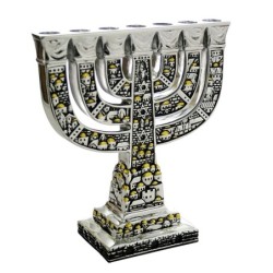 Jerusalem and Star of David Silver-Plated Menorah with Golden Highligh