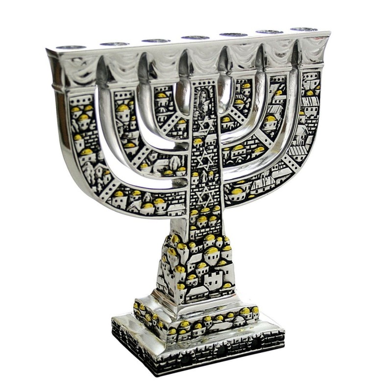Jerusalem and Star of David Silver-Plated Menorah with Golden Highligh
