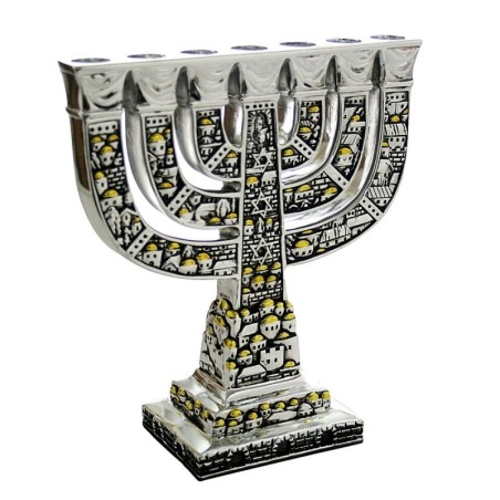 Jerusalem and Star of David Silver-Plated Menorah with Golden Highligh