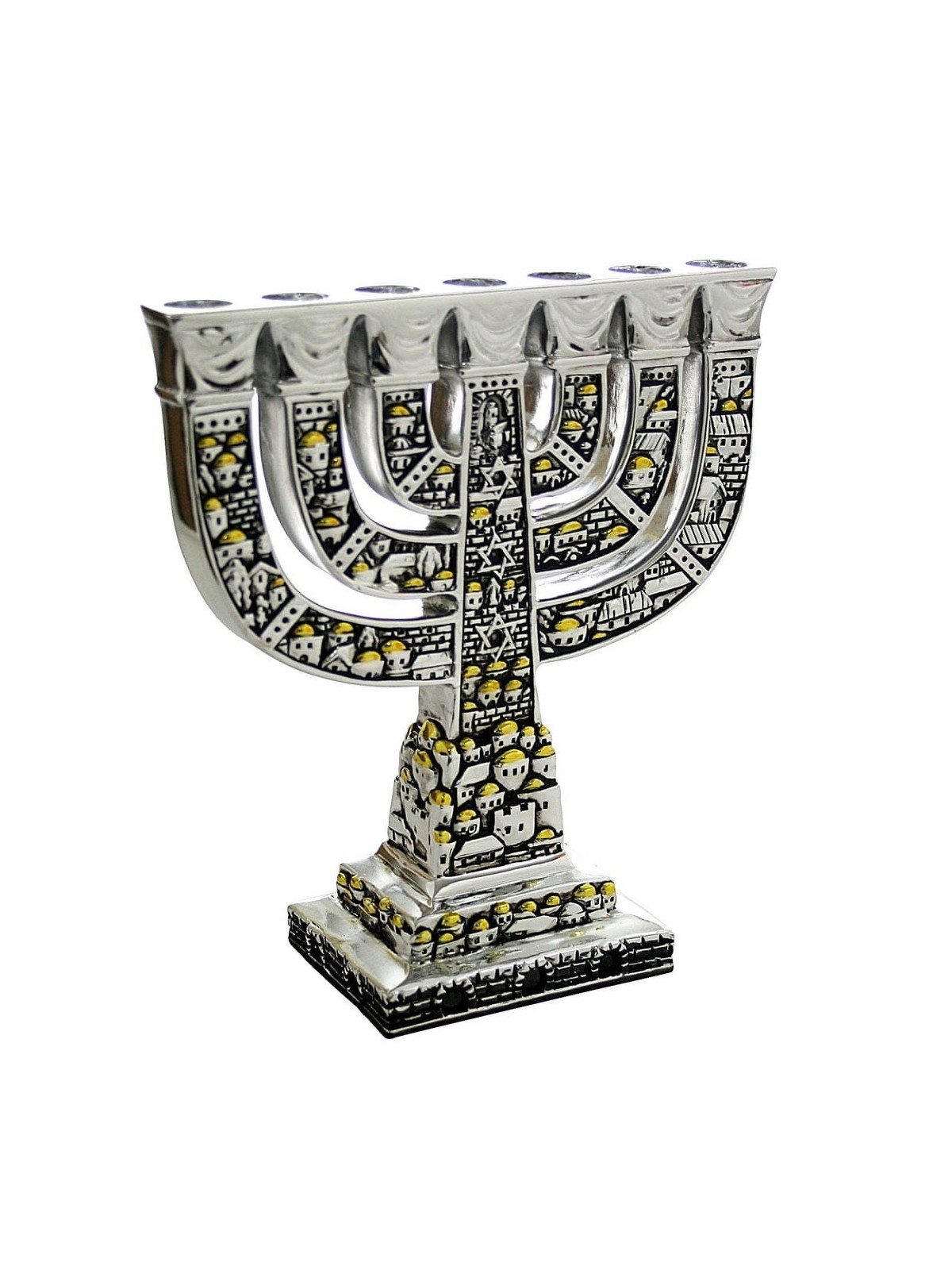 Jerusalem and Star of David Silver-Plated Menorah with Golden Highligh
