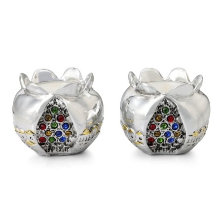 Silver Pomegranate Candlesticks with Colored Jewels and Golden Highlig