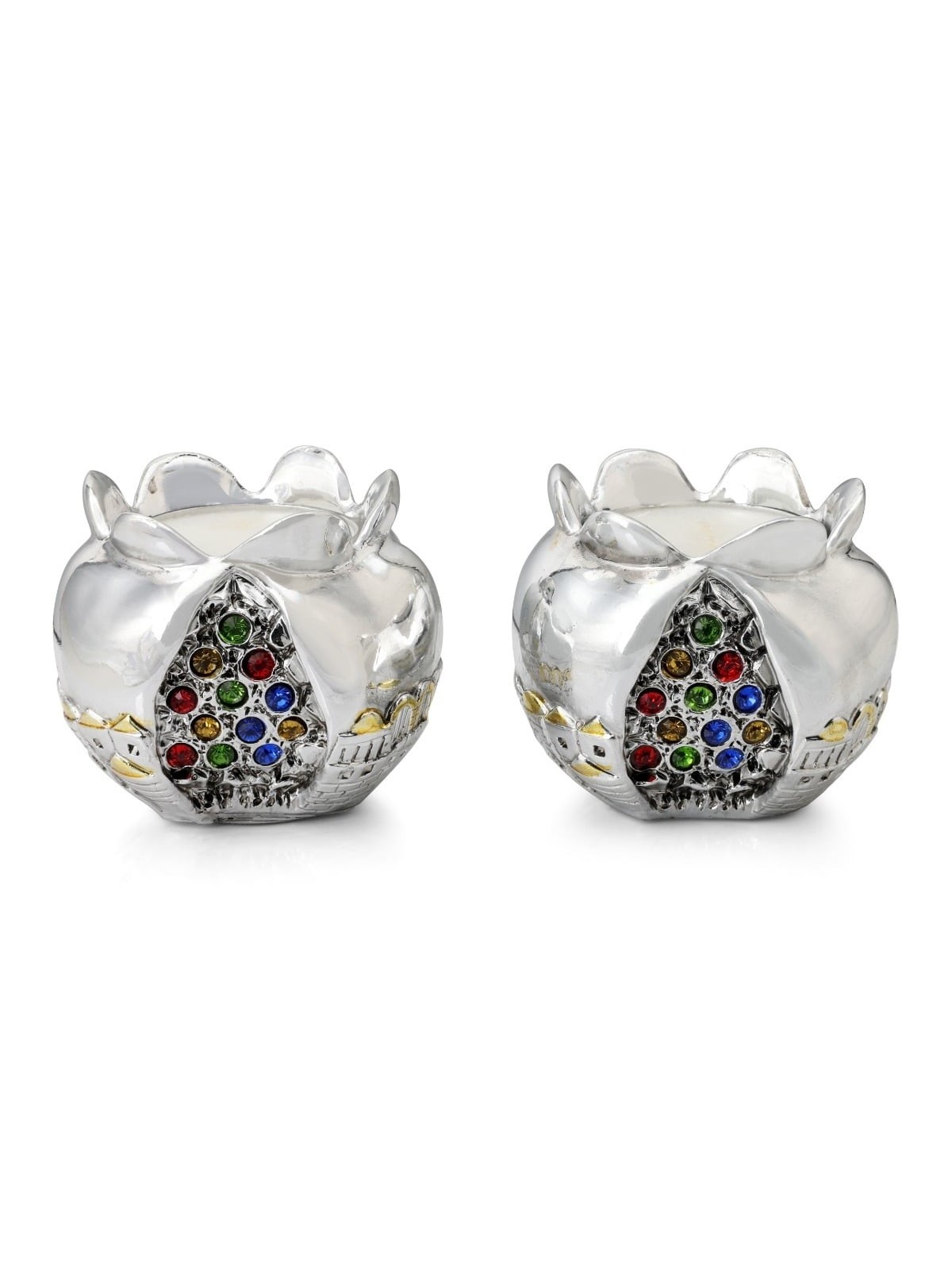 Silver Pomegranate Candlesticks with Colored Jewels and Golden Highlig