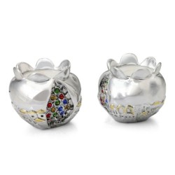 Silver Pomegranate Candlesticks with Colored Jewels and Golden Highlig