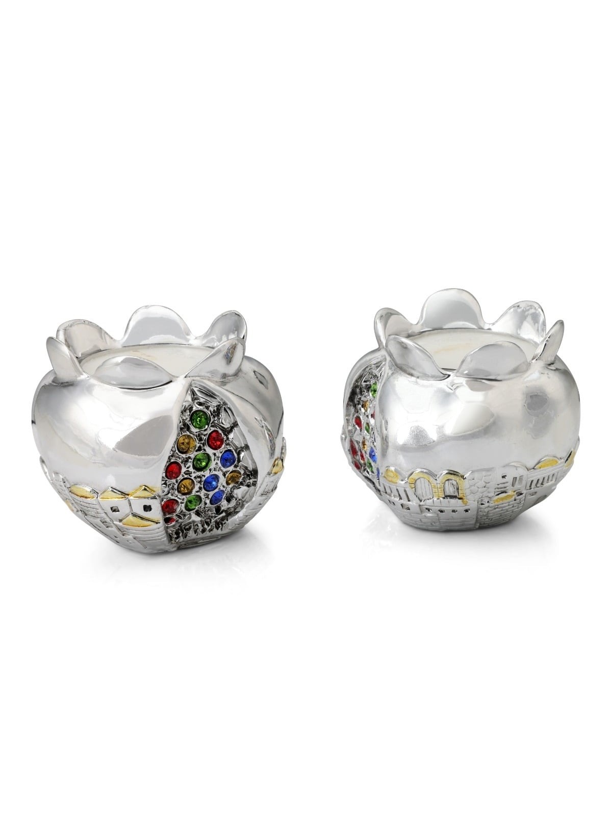Silver Pomegranate Candlesticks with Colored Jewels and Golden Highlig