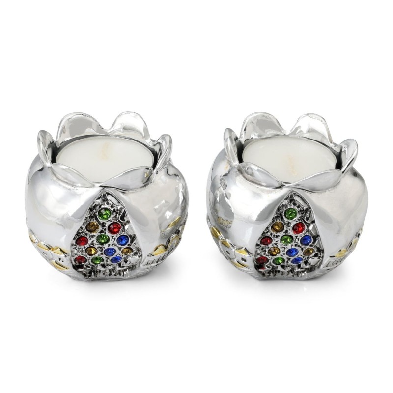Silver Pomegranate Candlesticks with Colored Jewels and Golden Highlig