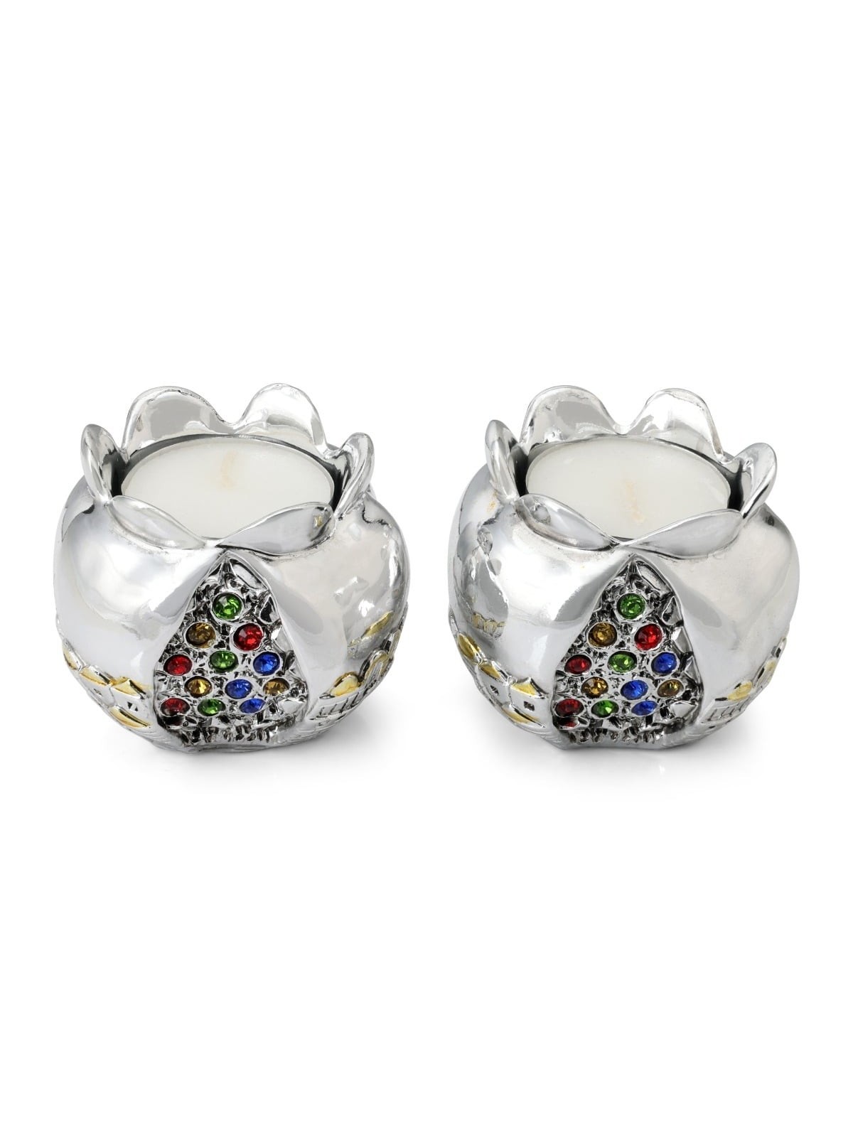 Silver Pomegranate Candlesticks with Colored Jewels and Golden Highlig
