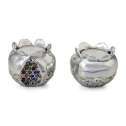 Silver Pomegranate Candlesticks with Colored Jewels and Golden Highlig