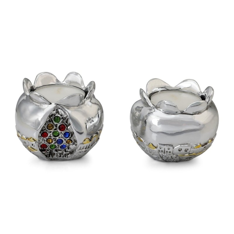 Silver Pomegranate Candlesticks with Colored Jewels and Golden Highlig
