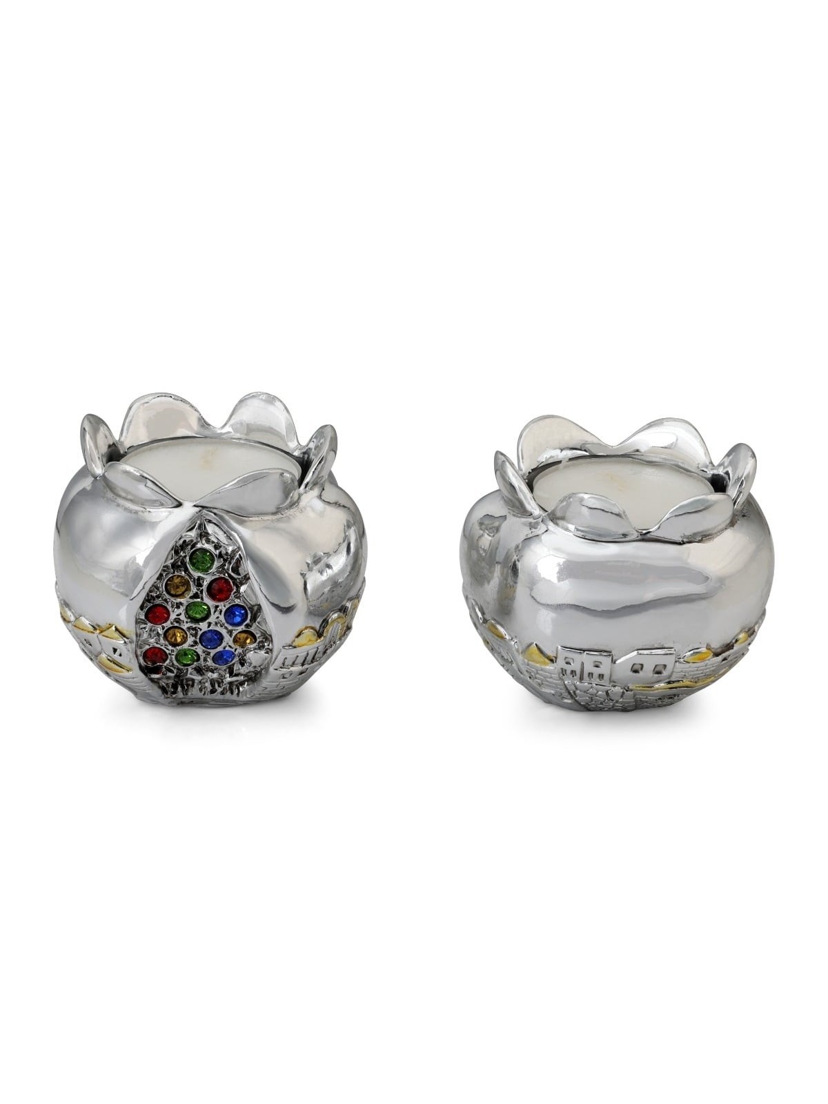 Silver Pomegranate Candlesticks with Colored Jewels and Golden Highlig
