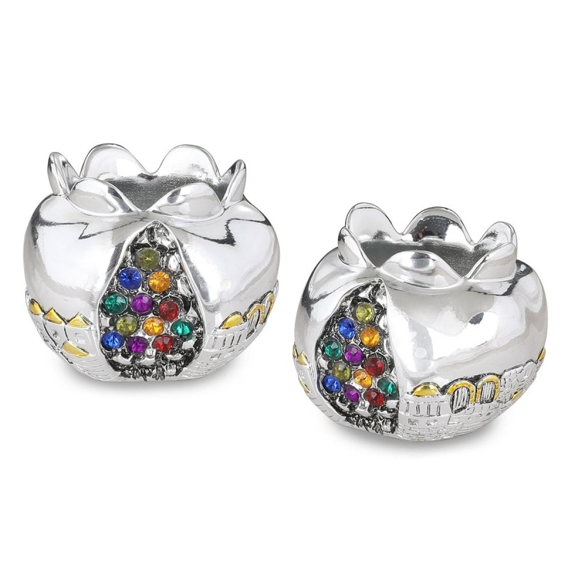 Silver Pomegranate Candlesticks with Colored Jewels and Golden Highlig
