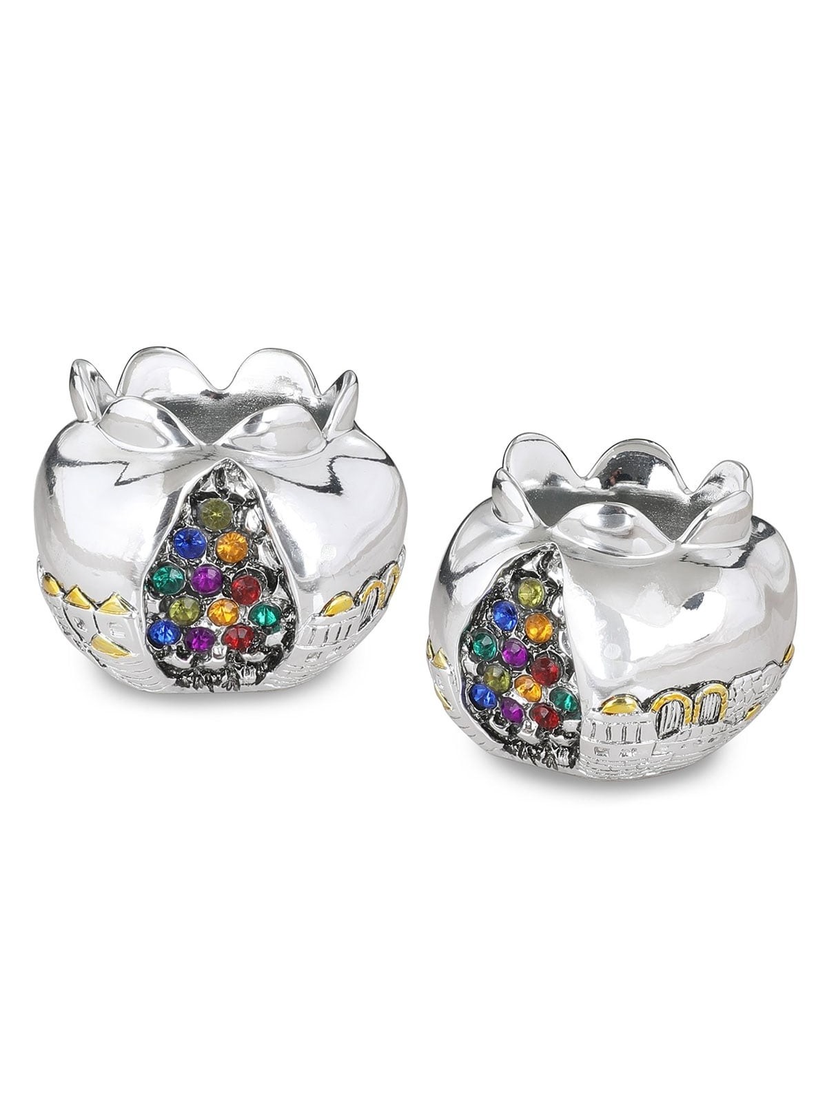 Silver Pomegranate Candlesticks with Colored Jewels and Golden Highlig