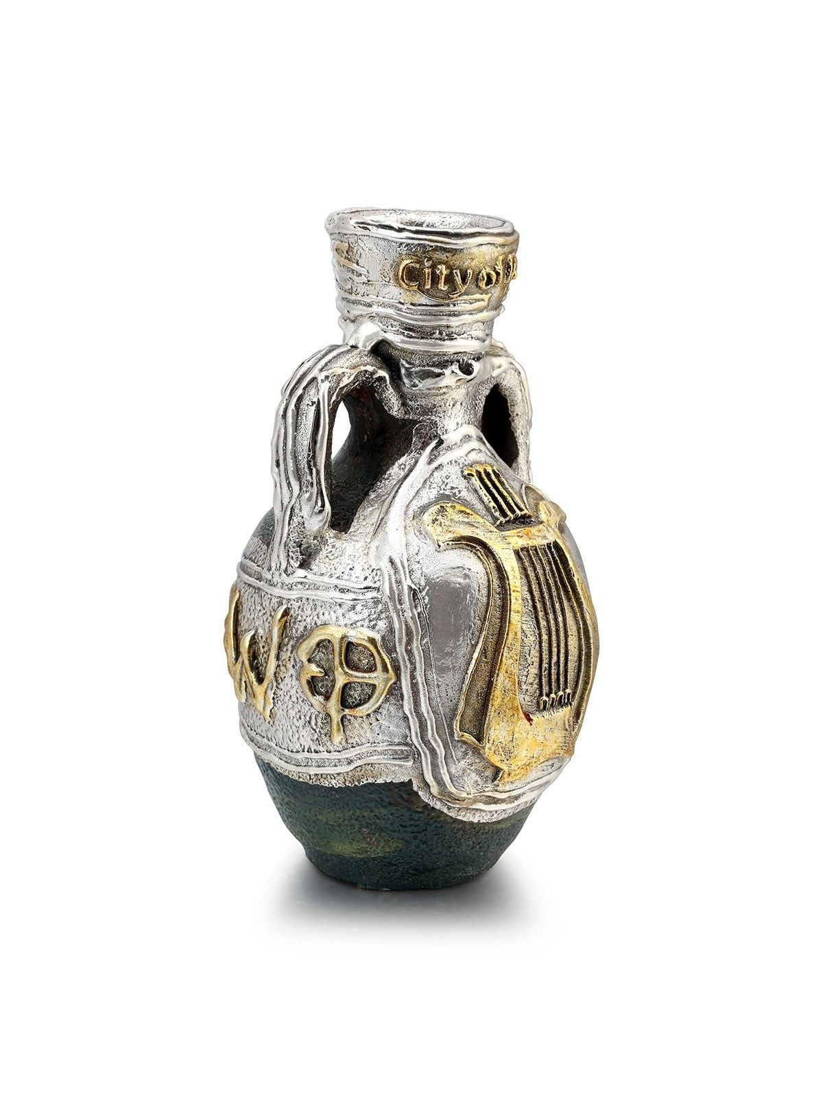 Two-Handle Wine Pitcher Ceramic with Sterling Silver and Ancient Text