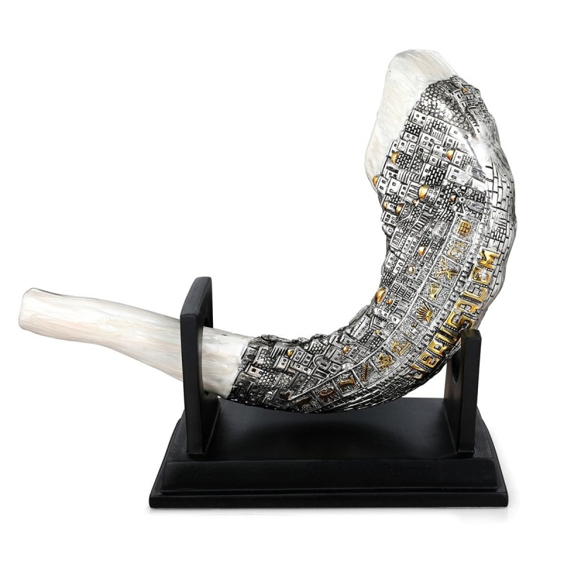 Silver-Plated Ram's Horn Shofar Replica With Jerusalem Design