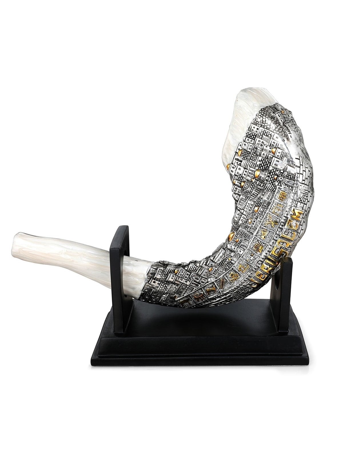Silver-Plated Ram's Horn Shofar Replica With Jerusalem Design