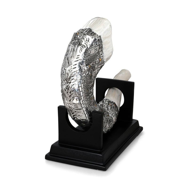 Silver-Plated Ram's Horn Shofar Replica With Jerusalem Design