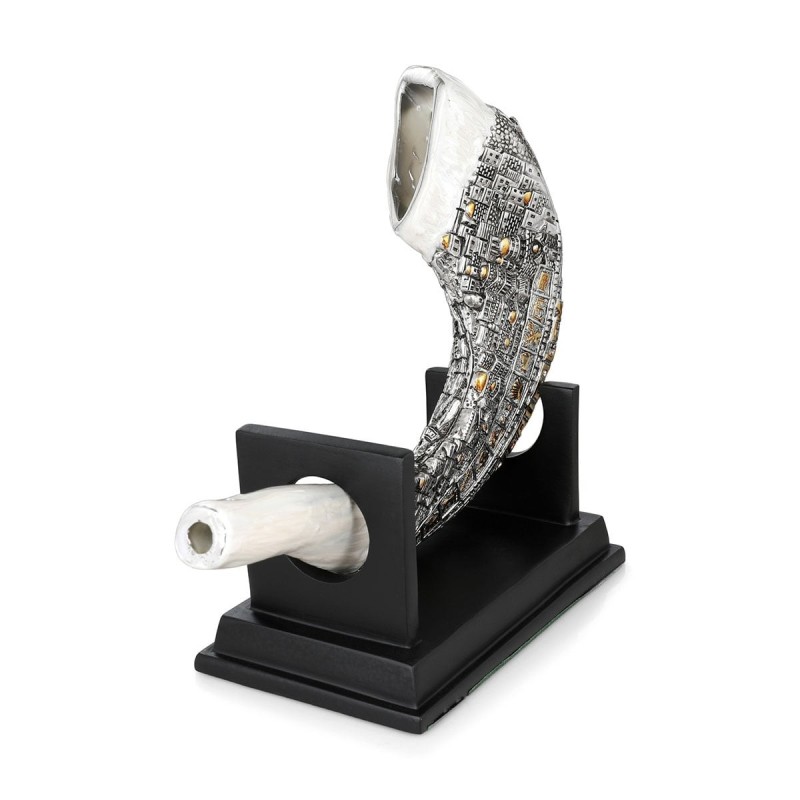 Silver-Plated Ram's Horn Shofar Replica With Jerusalem Design