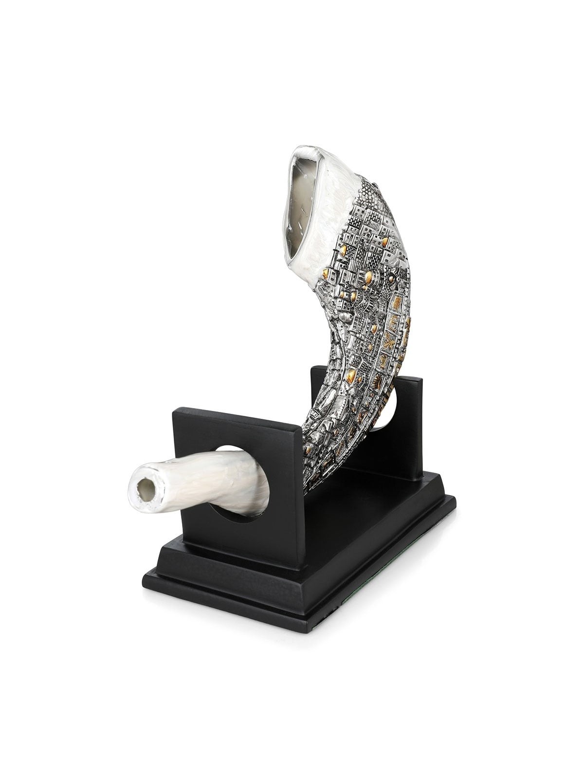 Silver-Plated Ram's Horn Shofar Replica With Jerusalem Design