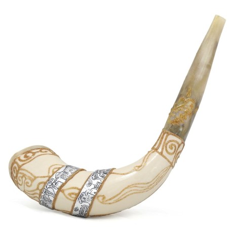 Hand Painted White and Gold Jerusalem Shofar