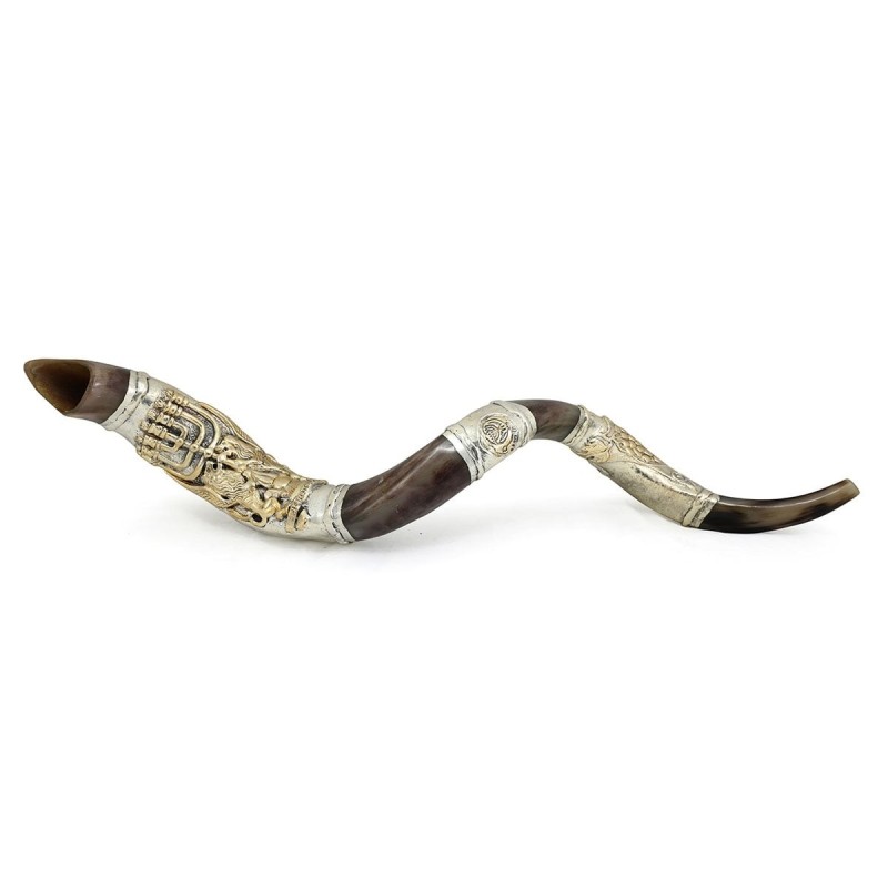 Sterling Silver Plated Yemenite Kudu Shofar - Menorah (Choice of Sizes