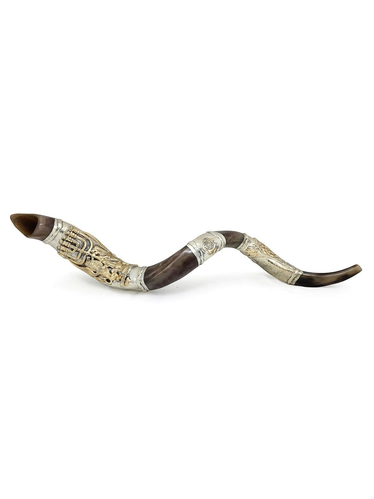 Sterling Silver Plated Yemenite Kudu Shofar - Menorah (Choice of Sizes